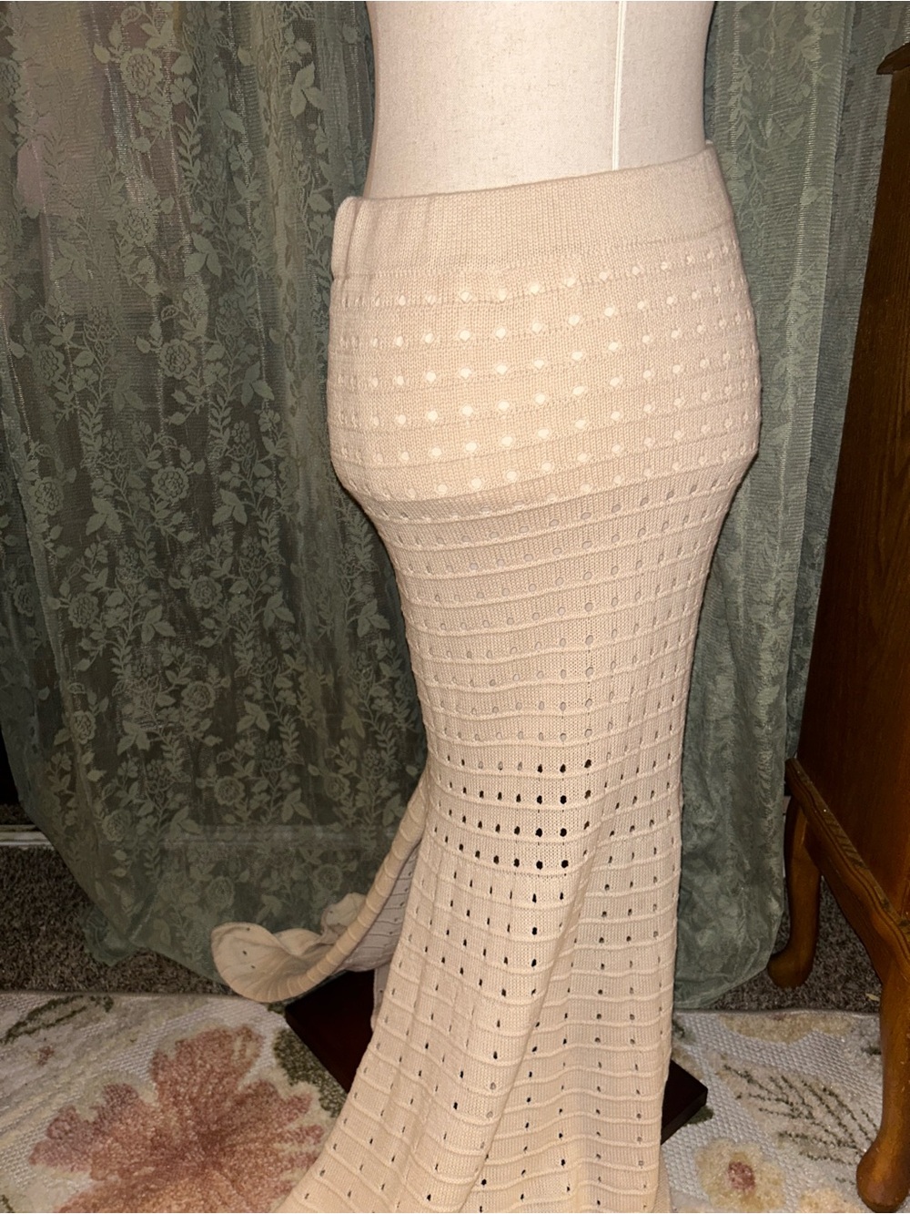 White Ivory Cream Mermaid Knit Bohemian Maxi Skirt - Picture 5 of 8